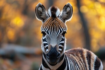 Fototapeta premium A close-up view of a zebra's face amidst trees