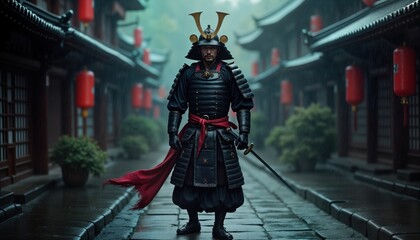 Samurai warrior stands in traditional Japanese street during rainy day. Wears black armor, red sash. Sword held in hand. Ancient Japanese culture, history evident. Strong, heroic figure. Excellent