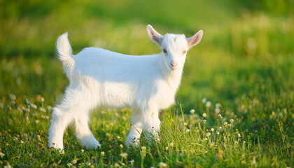 Obraz premium White little goat in sunny green meadow. Farm animal.