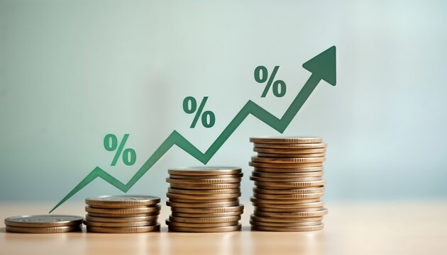 Stacked coins demonstrate increasing financial growth. Percentage symbols, upward arrow visually represent rising interest rates investment returns. Business growth, high returns implied. Concept of
