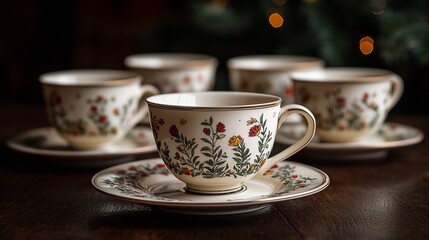 Floral teacups and saucers on wooden table.