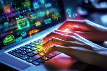 Hands typing on a laptop surrounded by futuristic eco friendly holographic icons in a modern setting