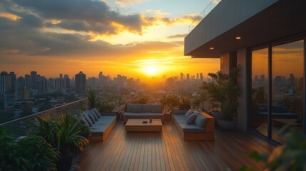 Fototapeta premium Rooftop Terrace Sunset Cityscape Evening Relaxation