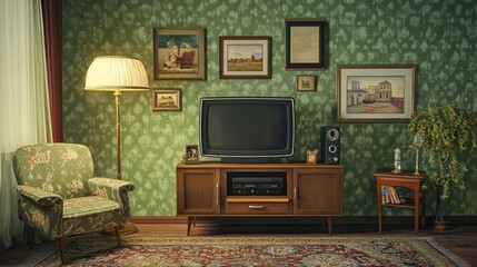Vintage interior of living room with couch, armchair, clock and tv on stand. Vector cartoon illustration of retro lounge with television screen, carpet, lamp and picture frames on green wall