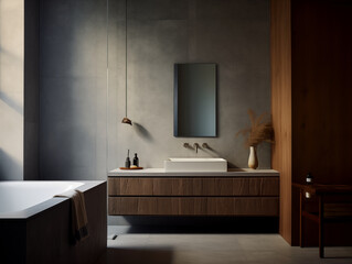 Simple minimalist japandi and wabi sabi inspired bathroom interior with concrete walls in neutral washed out blue tones, and minimalist furniture
