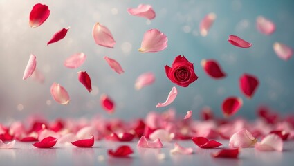 A romantic background featuring delicate red and pink rose petals gently falling, creating a serene and peaceful atmosphere. The soft pastel hues and blurred effect add elegance and tranquility to the