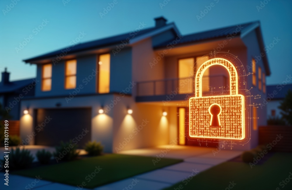 Poster Modern home at night protected by smart security system. Digital padlock icon glows with binary code. Future tech secure house. Exterior view with lawn, garden lights. Residential property with tech