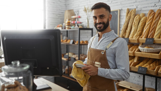Handsome young man cleaning a plate in a cozy bakery shop, smiling confidently while wearing an apron