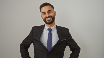Young hispanic man standing confidently over isolated white background wearing a suit and tie with a beard and a handsome smile