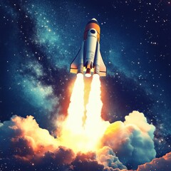 A space shuttle takes off from its launchpad, shooting into the sky