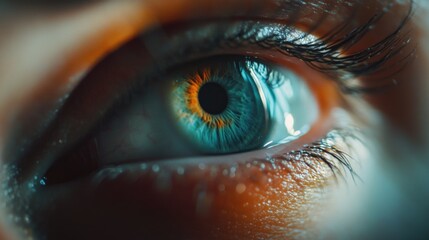 A detailed view of a human eye with blue iris, suitable for medical or beauty-related uses