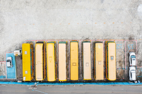 Yellow Buses Parked in Rows
