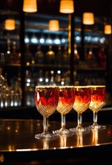 exquisite assortment stylish cocktail glasses displayed trendy bar surface enhancing modern bar aesthetics visual appeal, barware, glassware, design