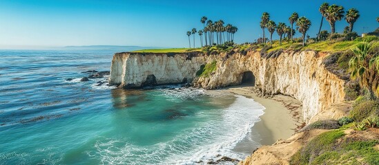 Scenic California coast with palm trees, cliffs, and ocean waves.