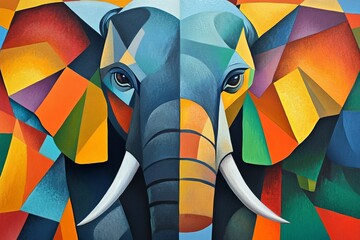 Vibrant cubist elephant portrait  a stunning representation of wildlife artistry