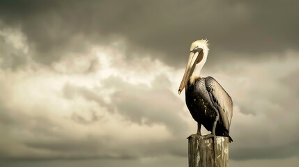 A Pelican bird with golden plumage, perched majestically on a weathered wooden post against a backdrop of a cloudy sky.