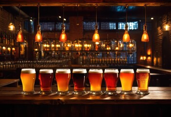 vibrant beer varieties showcased unique glassware creating stunning visual display, colors, craft, selection, types, brewery, refreshing, foamy, bubbles
