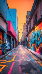 Fototapeta premium Vibrant Graffiti Alley with Colorful Murals and Artistic Atmosphere