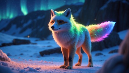 Colorful Arctic Fox Under Aurora Borealis in Snowy Landscape