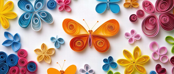 Vibrant paper quilling designs featuring colorful flowers and butterflies in dynamic arrangement