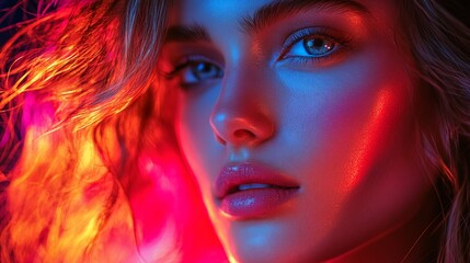 Obraz premium A womans face illuminated with vibrant red and blue light