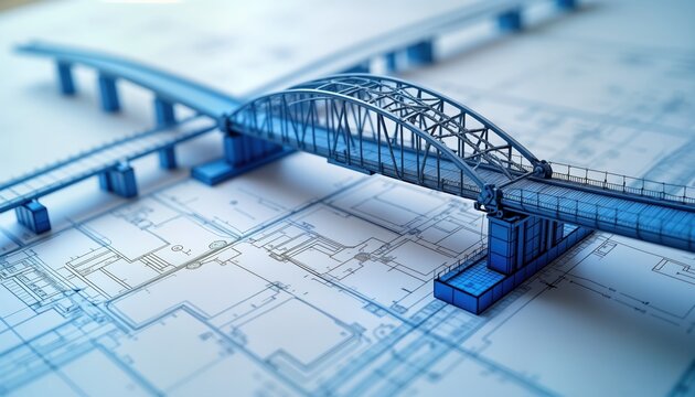 Blue model of bridge rests on blueprints. Detailed structural design plan for construction project. Modern bridge concept displayed on architectural drawings. Engineers use detailed drawings for new