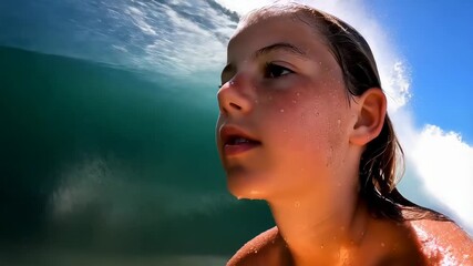 Young surfer experiences adventurous wave riding at a sunny beach in summer