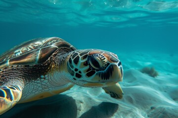 Fototapeta premium A green sea turtle glides gracefully through the clear waters off the coast of Cyprus, showcasing its vibrant colors and unique patterns under the warm sun