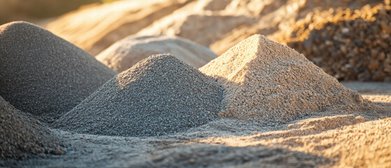 Piles of sand and gravel arranged for concrete construction in soft lighting