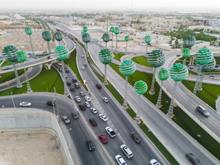 Drone photo of busy motorway The Green Field Riyadh KSA