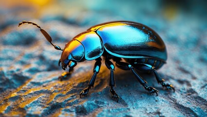 Naklejka premium Vibrant blue beetle with iridescent details on textured surface