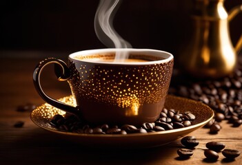 Obraz premium detailed close coffee cup surrounded scatterings freshly roasted coffee beans wooden table, artisan, beverage, drink, culture, aroma, steam, texture, ground