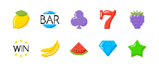 Pixel art icons of fruit, symbols, and objects in retro 8-bit style. The colorful icons include a lemon, diamond, and number seven.