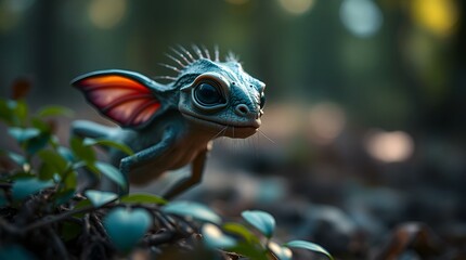 Little green creature curiously sitting on moss in forest