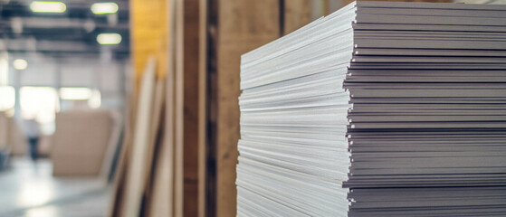 Fototapeta premium Drywall stacked in a construction warehouse ready for installation
