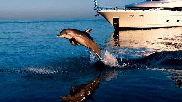 Dolphin leaps alongside luxury yacht in serene ocean setting during sunset