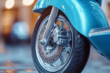 Obraz premium Close-up of a blue scooter's wheel showcasing the tire, brake disc, and chrome details in a blurred background