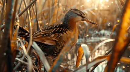 A Rail bird blending into its marshland surroundings, with a camouflage-like brown and tan plumage.