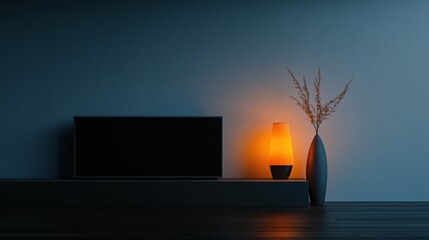 interior design, a contemporary tv stand in a warm living space with soft lighting and neutral dcor on a dark wood floor