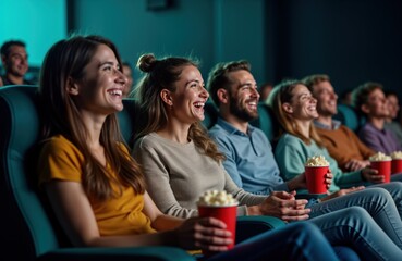 Group of happy friends watch movie in cinema. Enjoy movie, laugh. People eat popcorn. Young men, women look happy, cheerful. Sitting in dark cinema auditorium. Relaxed atmosphere on weekend. Movie