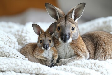 Fototapeta premium Two 'roos snuggle up together on a soft, white blanket