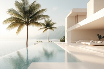 A serene pool scene with two palm trees by its side, perfect for relaxation and leisure