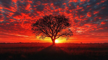 Solitary tree silhouetted against a fiery sunrise over a field.