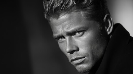 Obraz premium A close-up portrait of a serious man with tousled hair, featuring dramatic lighting and a monochrome effect