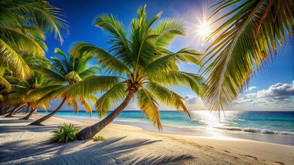 Serene Tropical Beach Paradise: Palm Trees Swaying Under Vibrant Blue Sky