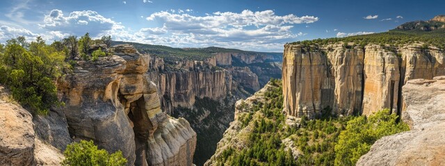 Dramatic canyons and cliffs showcase the beauty of erosion and geological evolution under a bright sky in a serene landscape