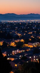 Fototapeta premium Suburban cityscape at dusk with glowing lights and mountain backdrop.
