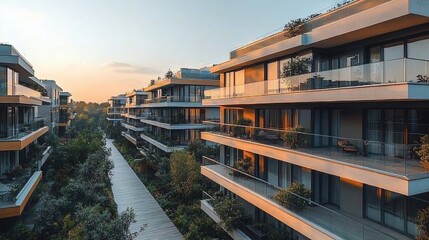 Obraz premium Modern Apartment Buildings Line A Tranquil Pathway