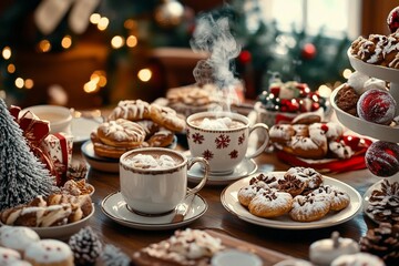Breakfast table set with steaming mugs of cocoa