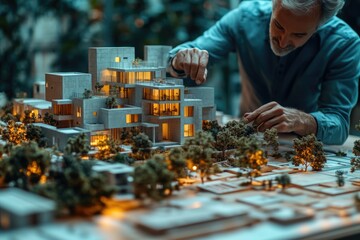 A person working on a scale model of a building
